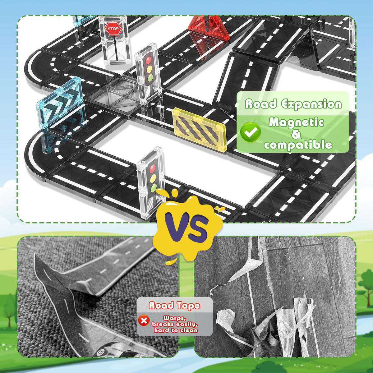 APYR AOMA magnetic tiles road set play area shows kids assembling roads and cities.