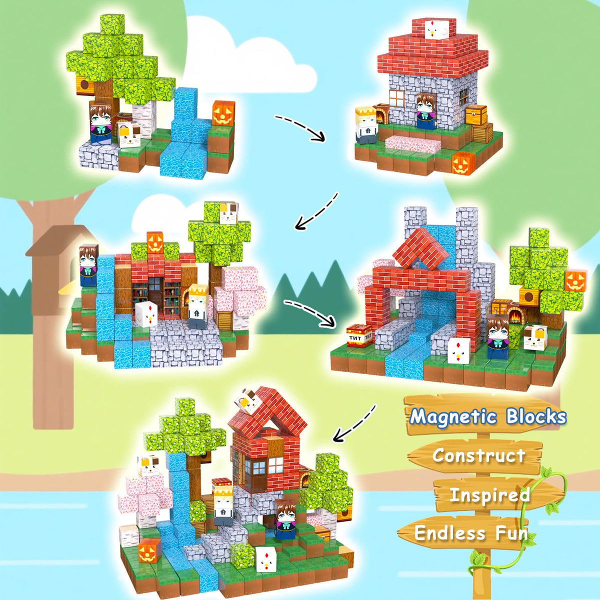 Colorful shapes and magnets forming towers, encouraging imaginative storytelling with Apyr Aoma blocks.