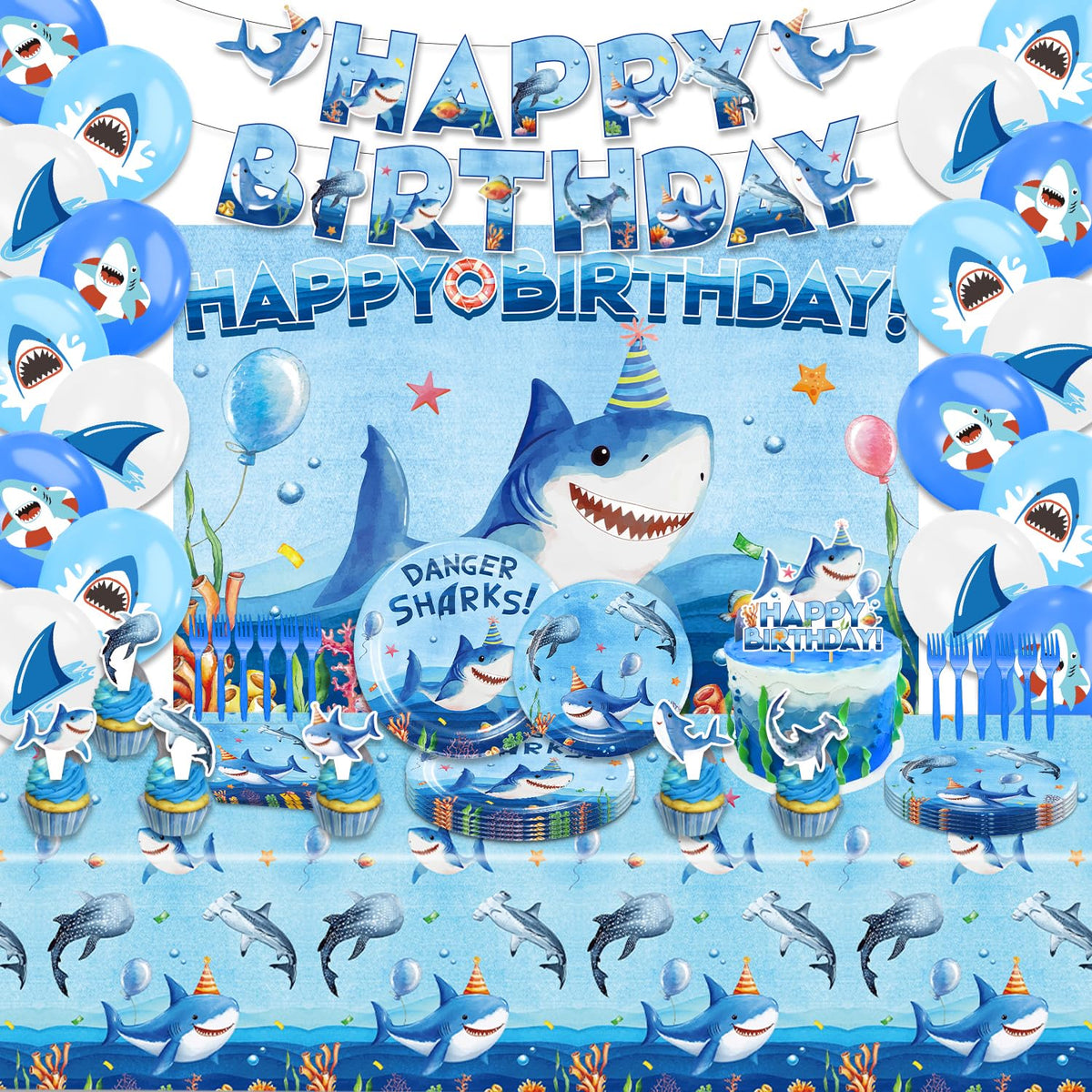 AQCSDEX shark birthday banner provides a bright photo backdrop for ocean-themed parties.