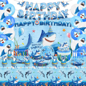 AQCSDEX shark birthday banner provides a bright photo backdrop for ocean-themed parties.