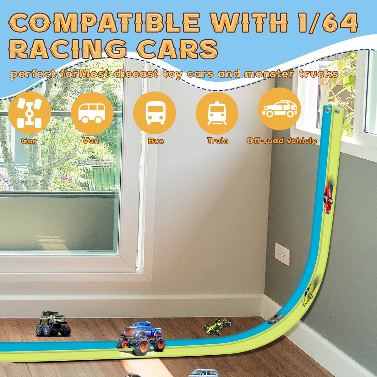 AQFR Flex Tracks two-lane raceway encourages cooperative play and storytelling.