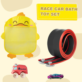 AQFR Race Car bath toy set bath scene with colorful play pieces.
