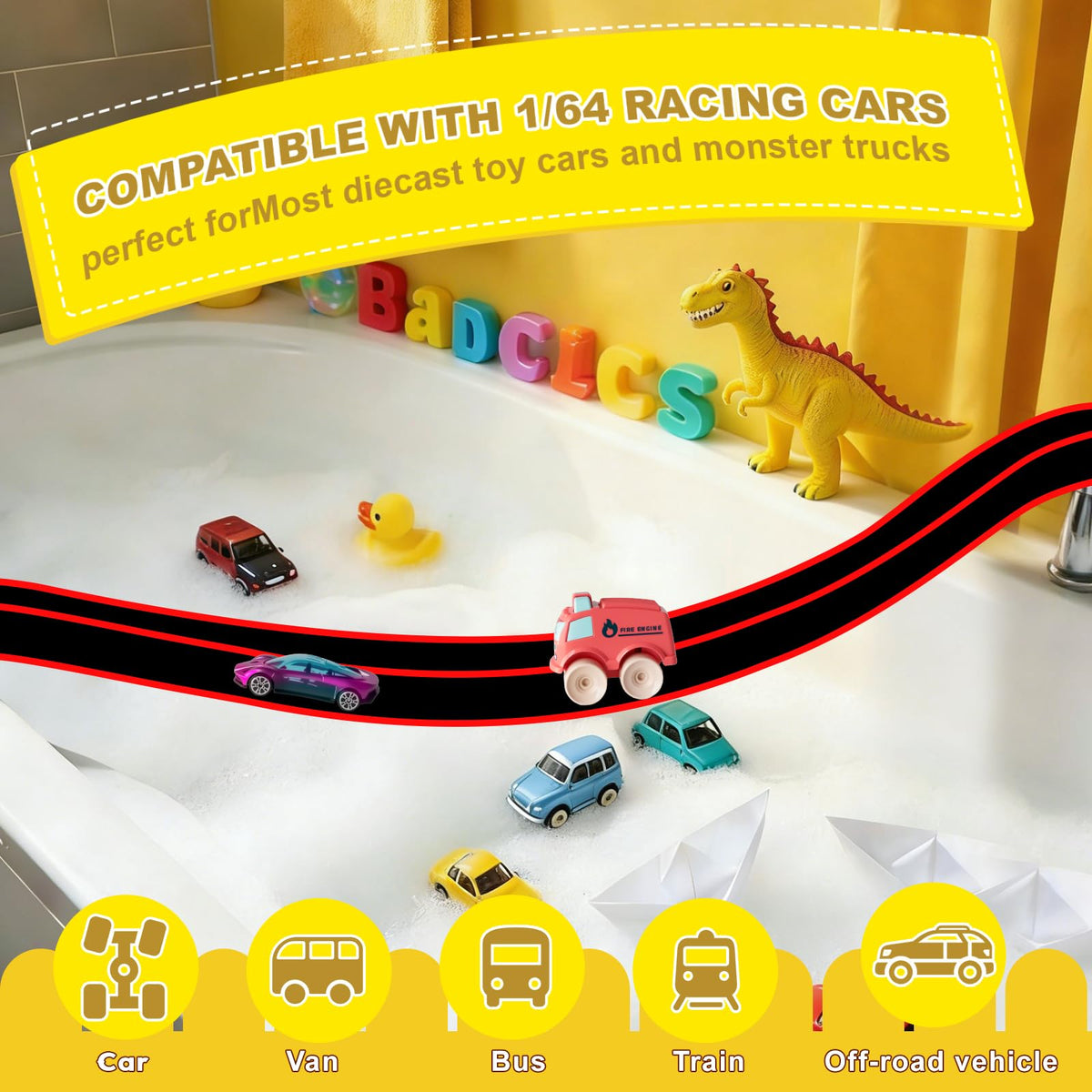 AQFR Race Car bath toy set suction cups secure to smooth surfaces.