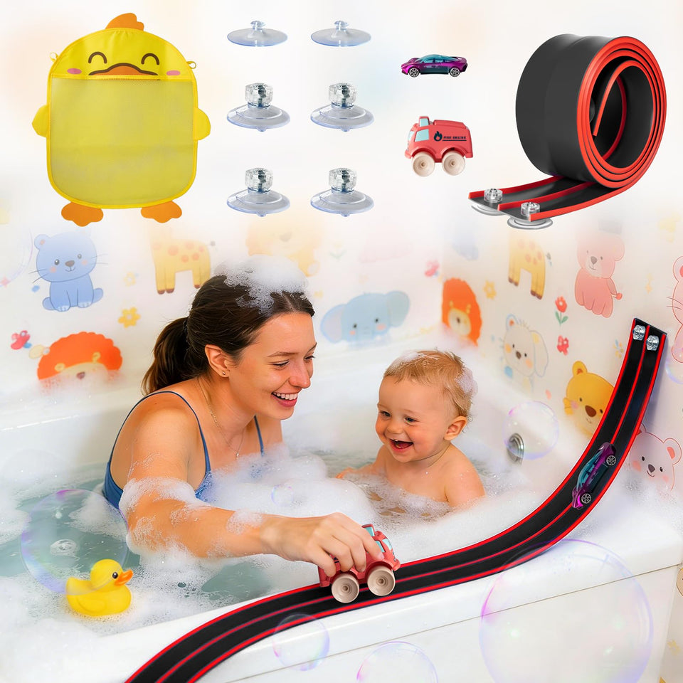 AQFR Race Car bath toy set tracks for versatile bath time fun.