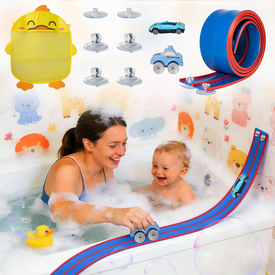 AQFR Race Car Bath Toy track pieces form a flexible track for imaginative bath play.