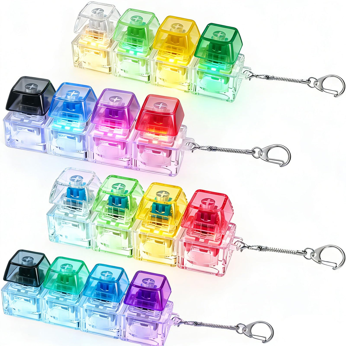 AQOLAOT 4-pack keyboard fidget keychains with lights for portable focus and stress relief.