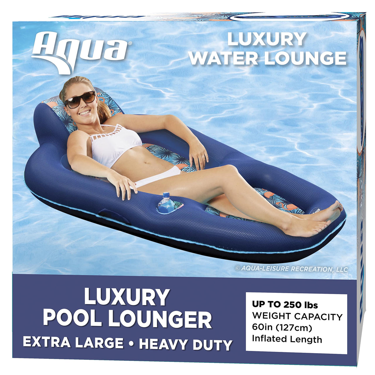 Aqua LEISURE Aqua Luxury Water Lounge with headrest offers ergonomic support for comfortable lounging.