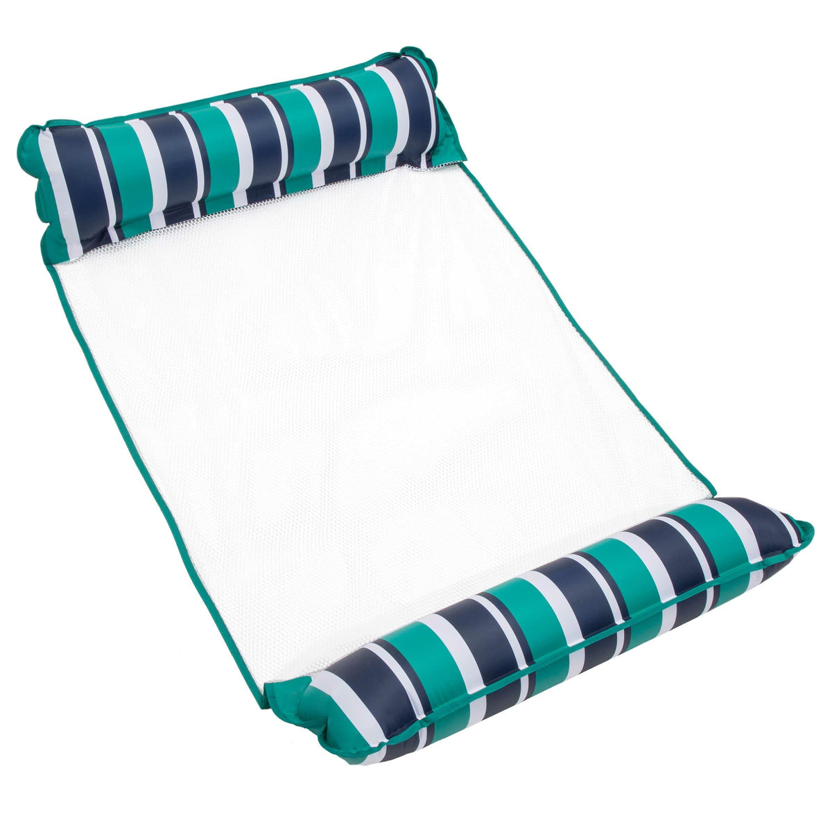 Aqua LEISURE Aqua Original 4-in-1 Monterey Hammock XL in Teal and Navy stripe, ideal for pool lounging.