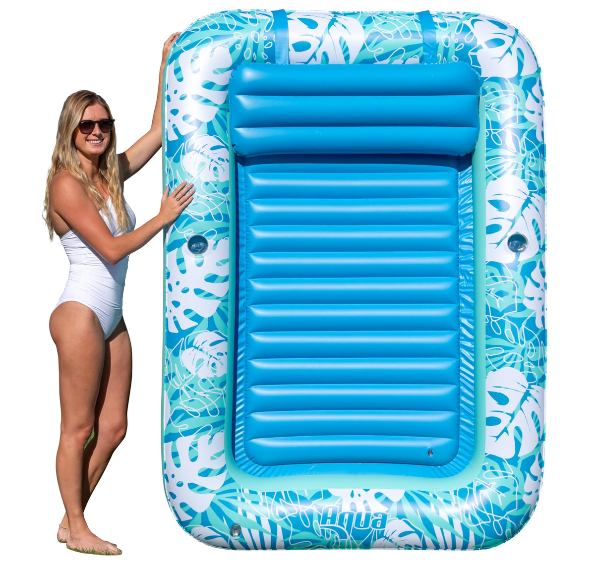 Aqua LEISURE inflatable tanning pool lounger in teal palms pattern for sunny days.