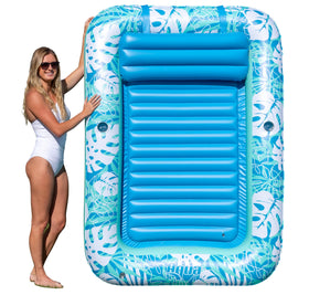 Aqua LEISURE inflatable tanning pool lounger in teal palms pattern for sunny days.