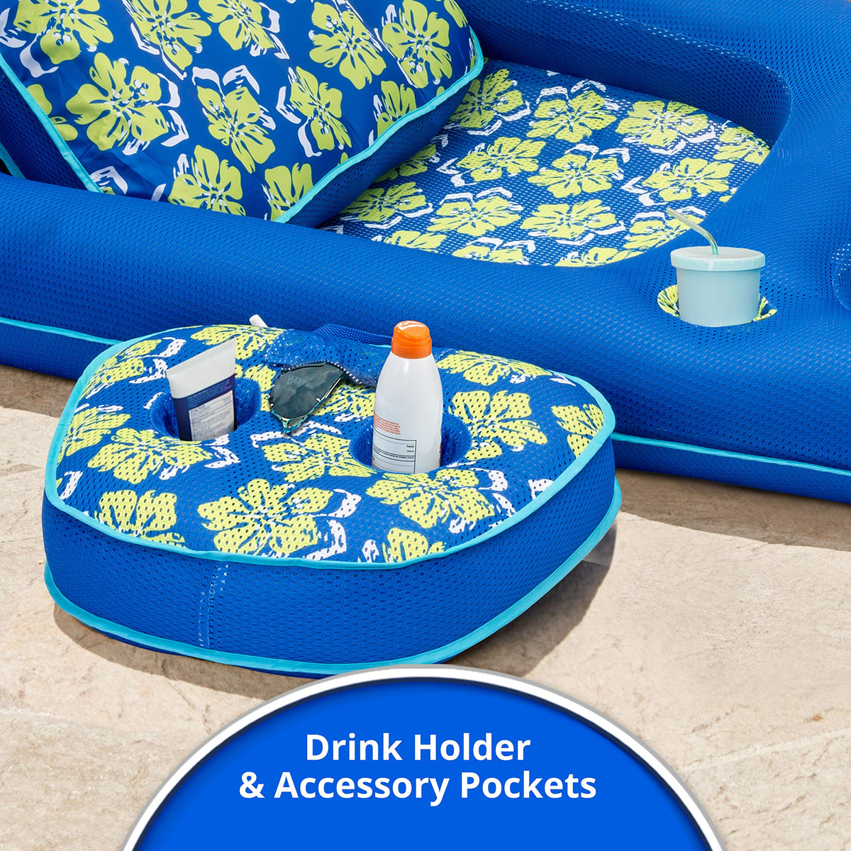 Aqua Campania Ultimate 2-in-1 Pool Float Lounge cupholder caddy keeps drinks handy.