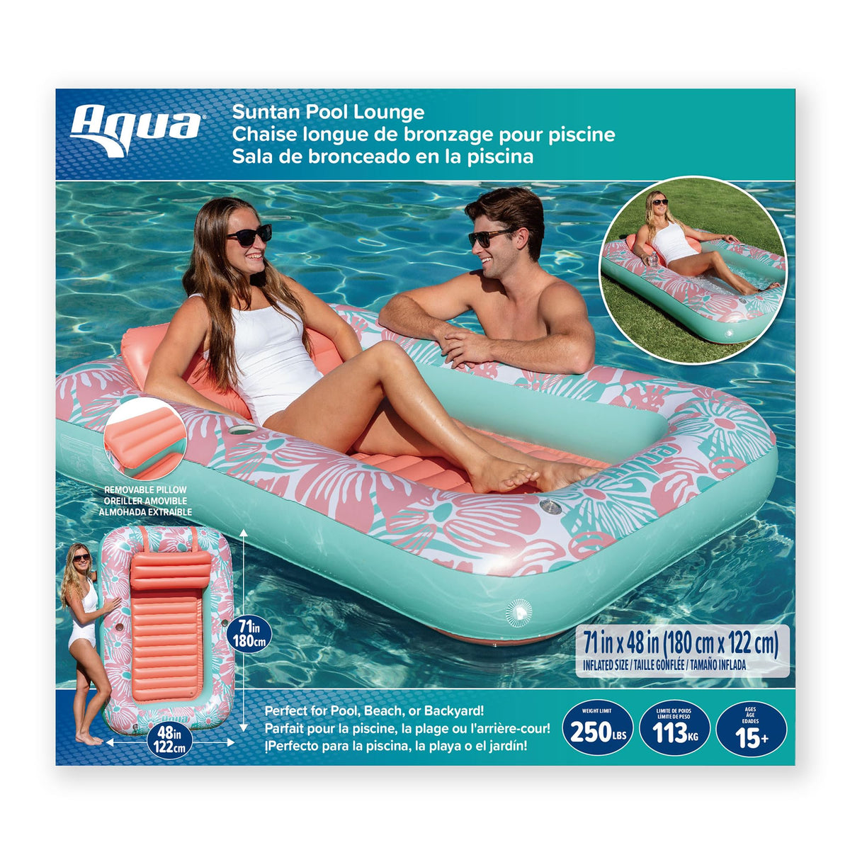 Aqua LEISURE Heavy-duty soft-touch vinyl stays cool and durable.