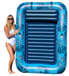 Aqua LEISURE inflatable tanning pool lounger with blue palms pattern, front view for sun lounging.