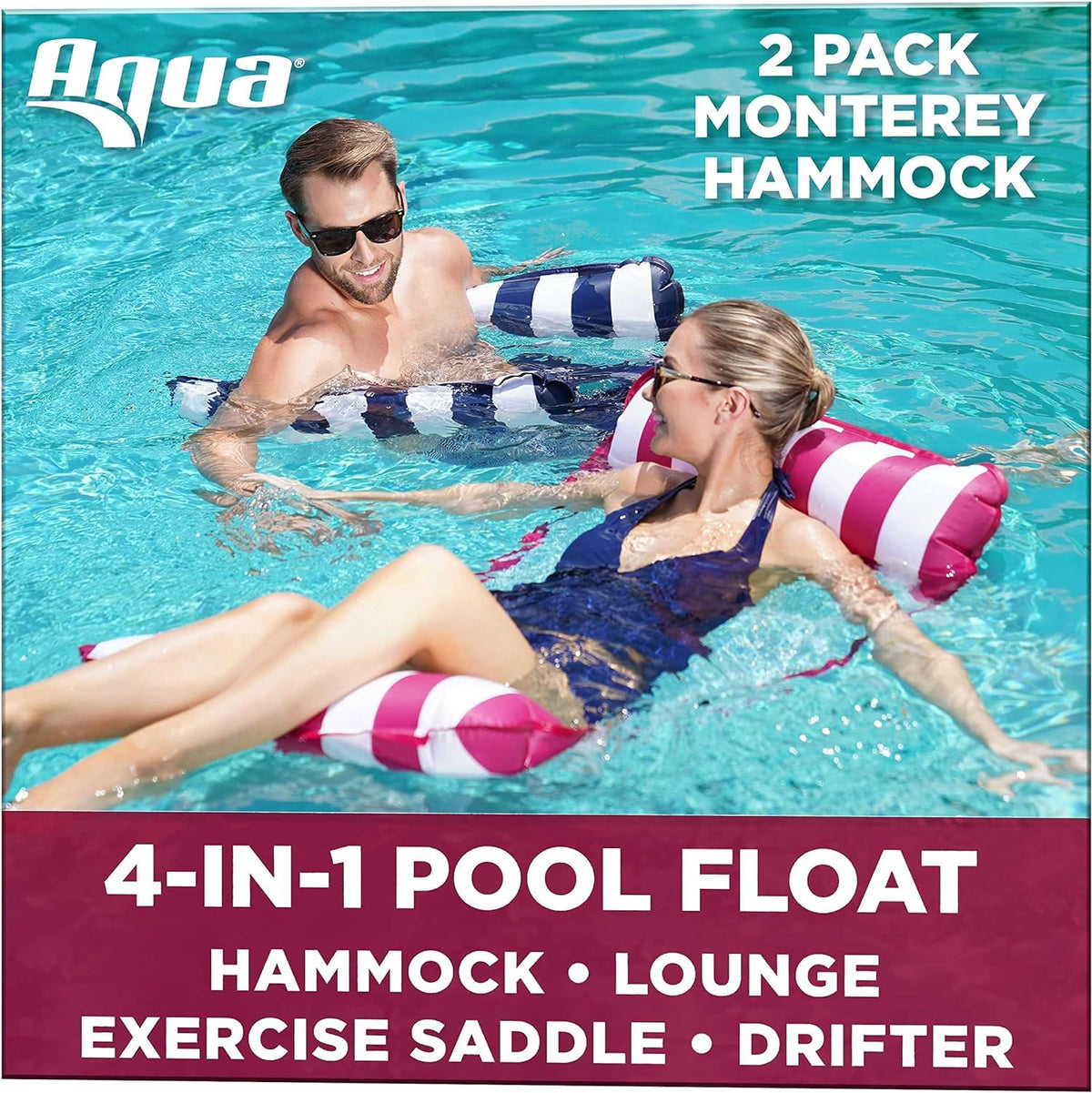 An Aqua LEISURE Monterey burgundy/white stripe float showcases versatile pool lounging.