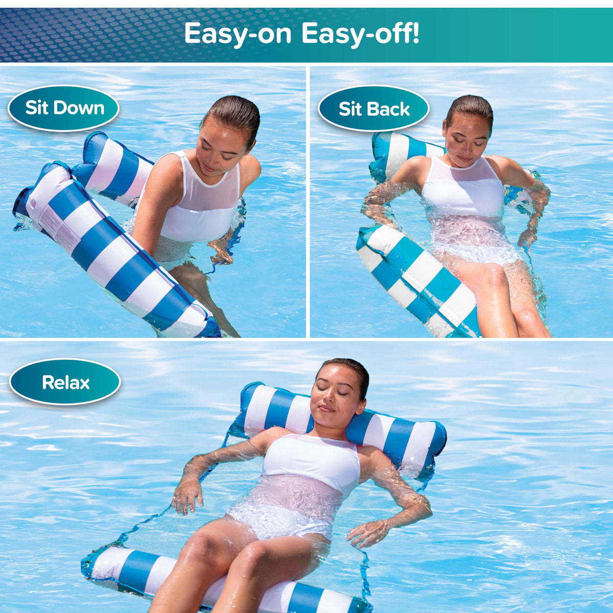 Aqua Leisure Monterey burgundy/white stripe float showing hammock and lounge modes for sunny days.