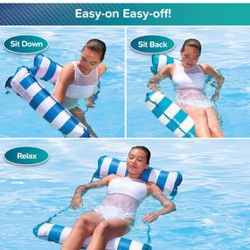 Aqua Leisure Monterey burgundy/white stripe float showing hammock and lounge modes for sunny days.