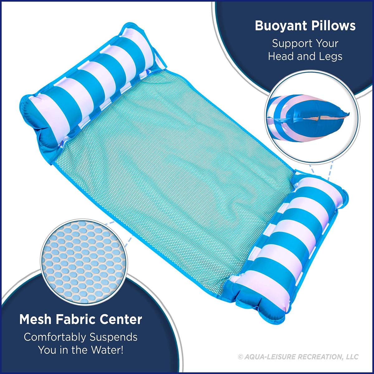 Aqua LEISURE Monterey hammock pool float in navy and white stripe for social pool time