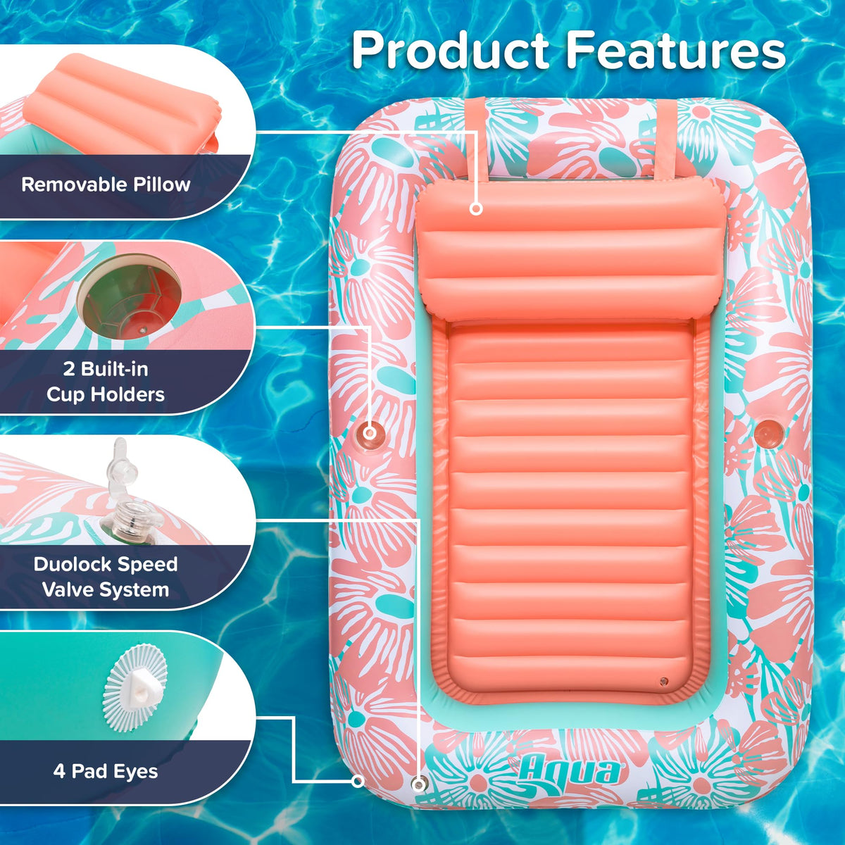 Aqua LEISURE Removable pillow provides neck support for comfortable lounging.