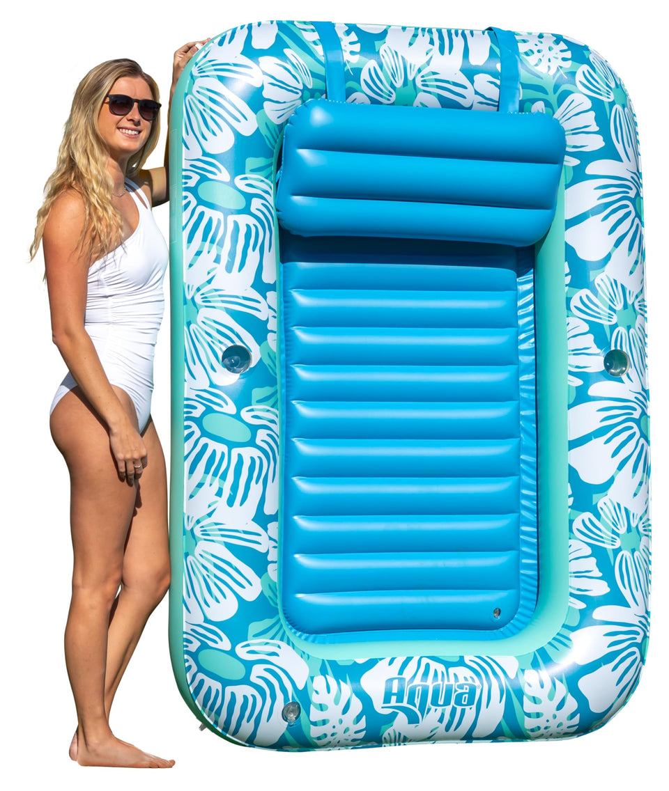 Aqua LEISURE tanning pool lounger with blue flowers pattern, side view for sunbathing
