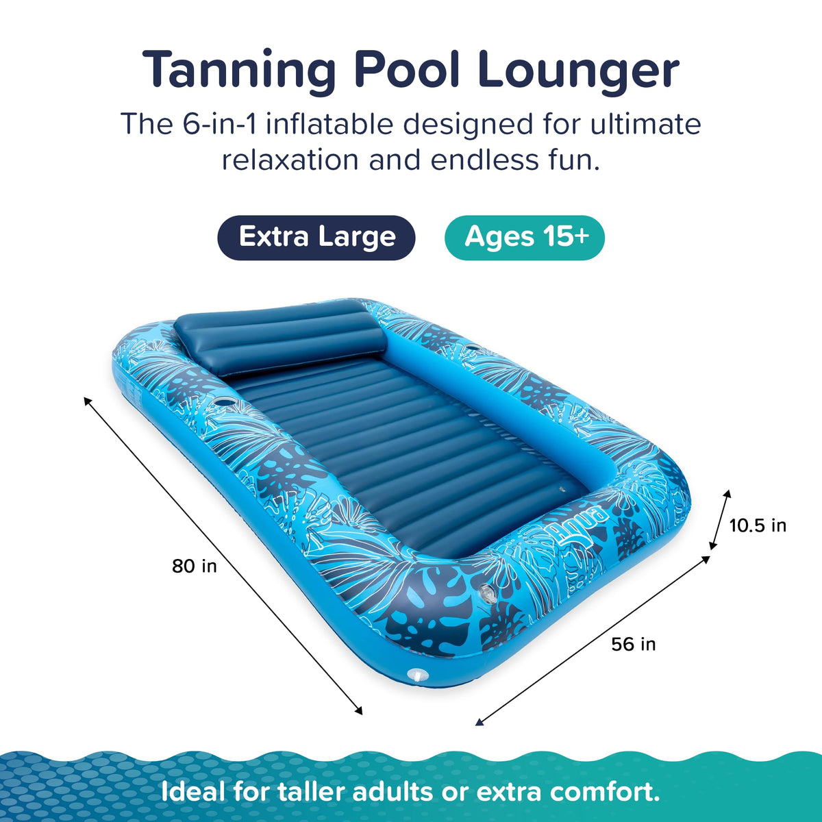 Aqua LEISURE inflatable lounger side view with blue palms improves stability during use.