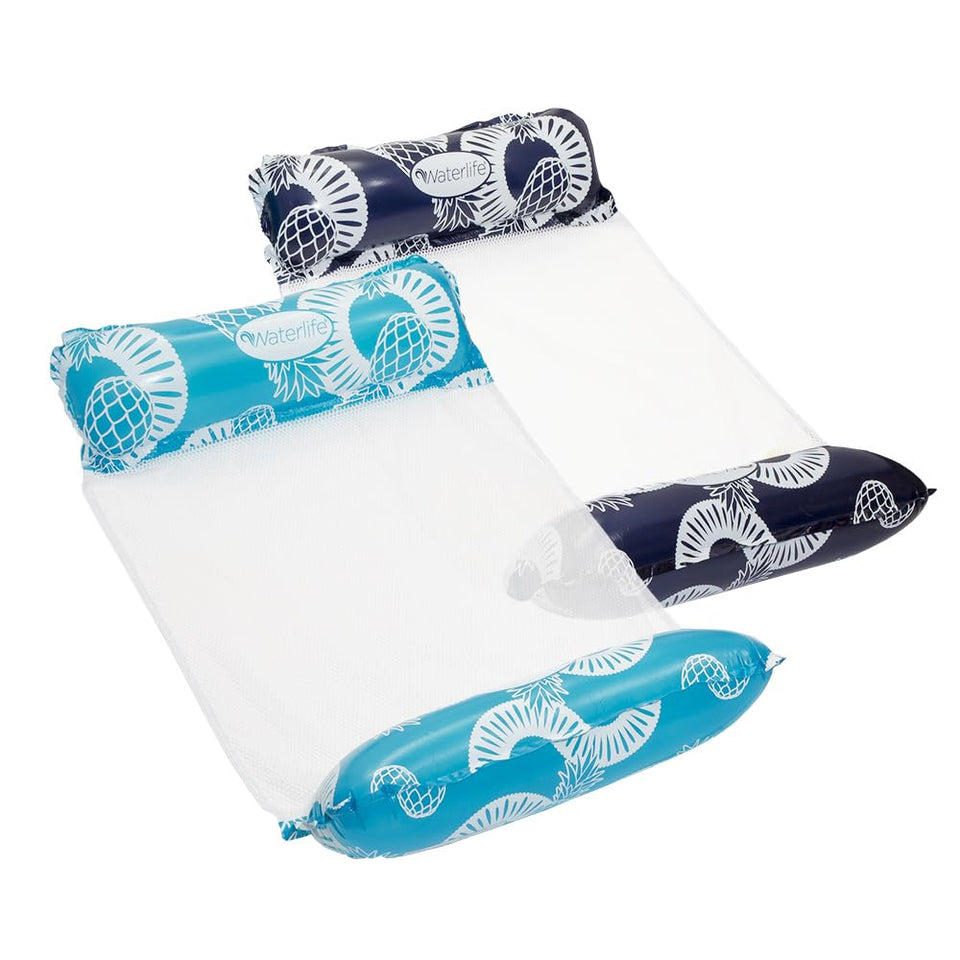 Aqua LEISURE Waterlife 4-in-1 hammock 2-pack in navy and light blue for versatile pool lounging.
