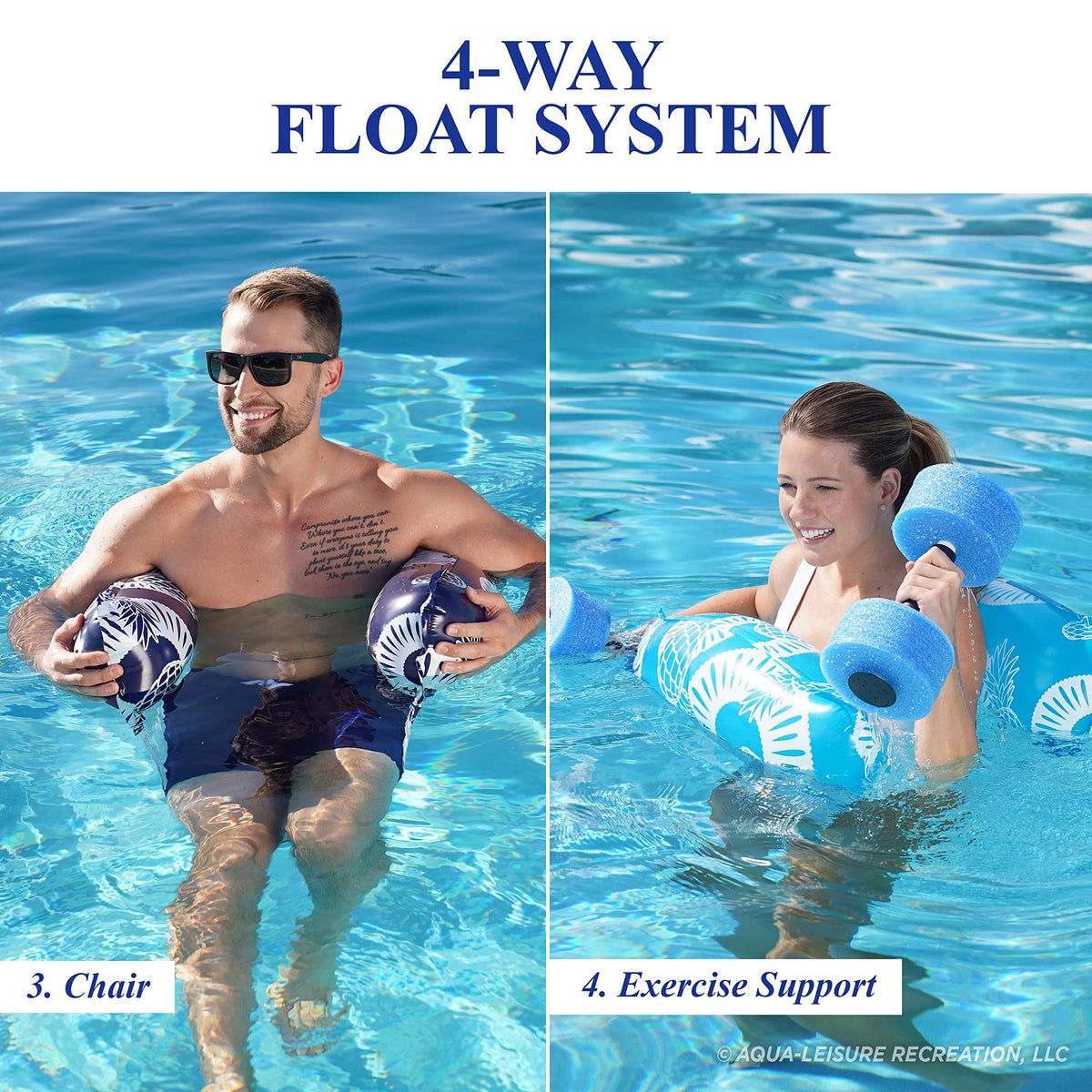 Aqua LEISURE Waterlife inflatable pool chair demonstrates simple setup and easy on-off water seating.