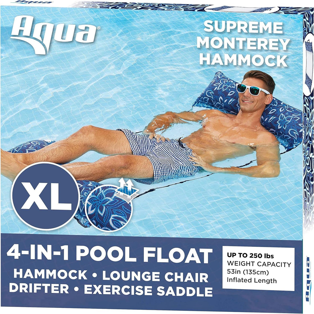 Aqua Monterey XL hammock fully set up for poolside lounging.