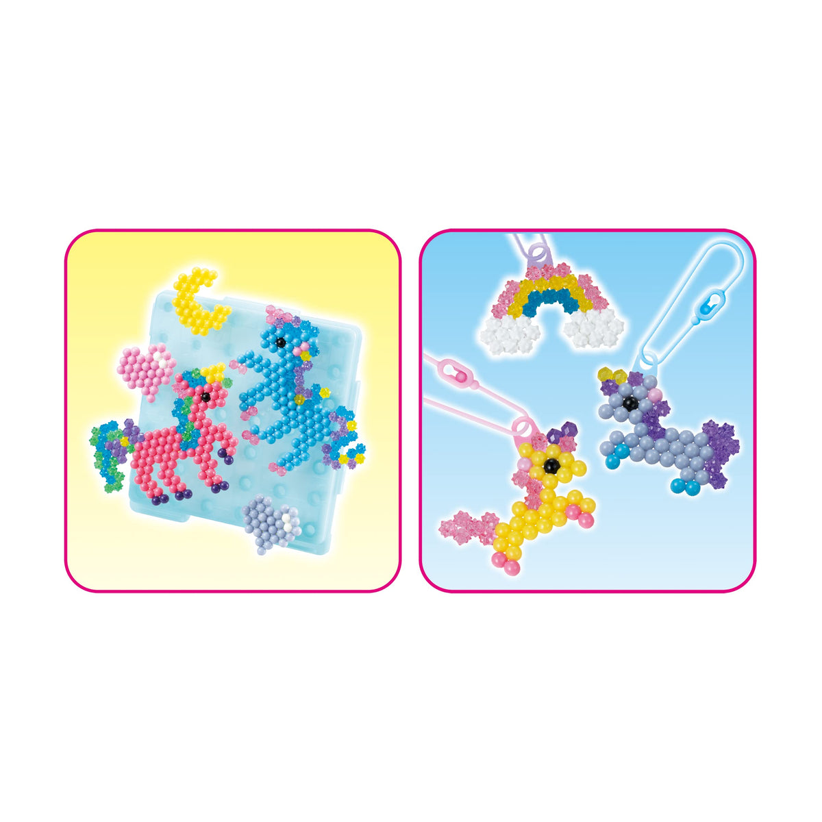 Aquabeads Mystic Unicorn unicorn head, wings, and keychains in display use