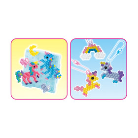 Aquabeads Mystic Unicorn unicorn head, wings, and keychains in display use