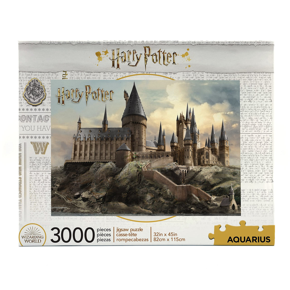 AQUARIUS Harry Potter Hogwarts Castle puzzle pieces spread for a family project.