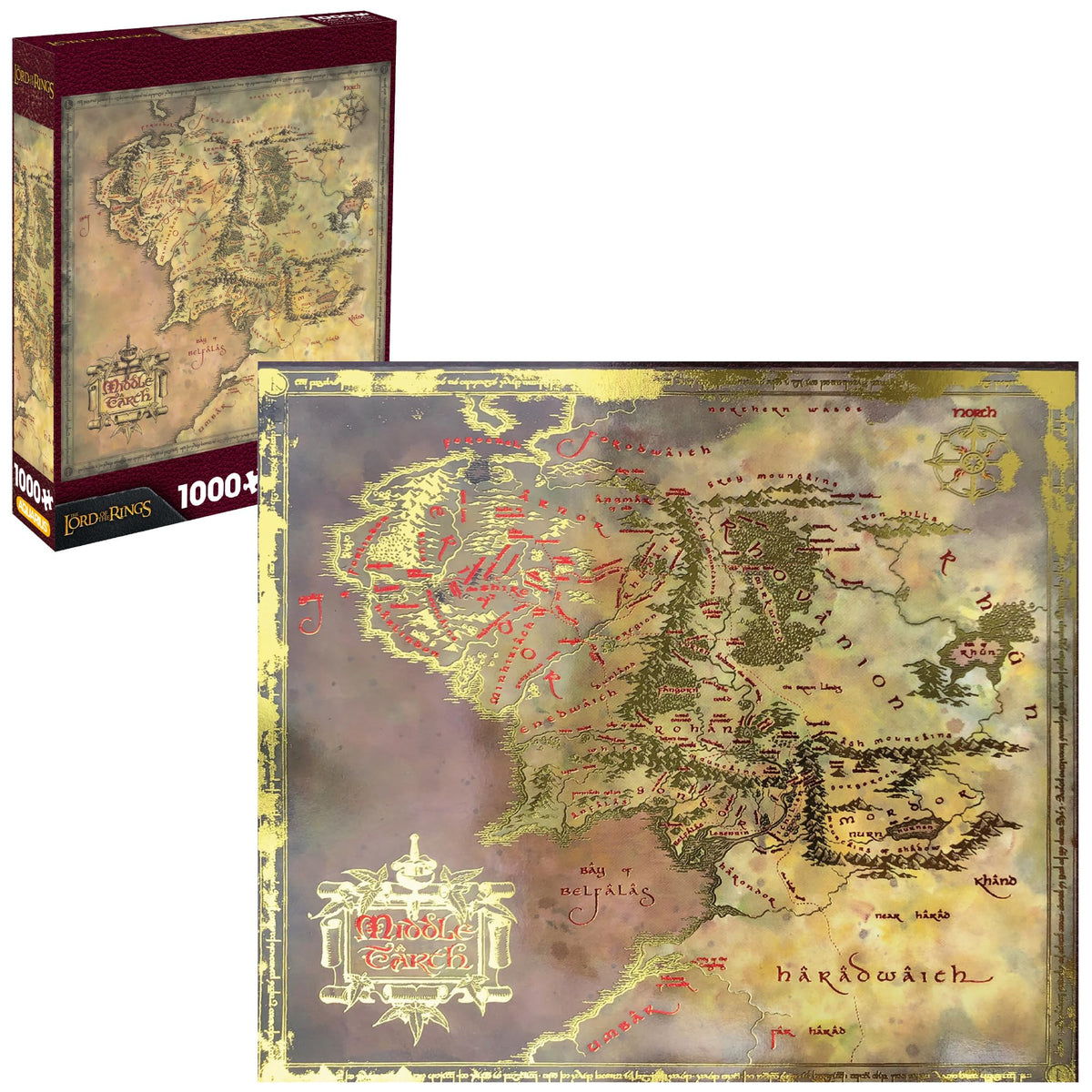 Aquarius Lord of the Rings map puzzle with heat stamp foil detail for immersive Tolkien experience.