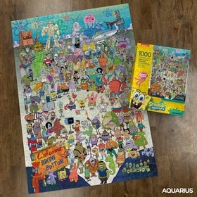 Aquarius SpongeBob puzzle on a cozy family night setup.