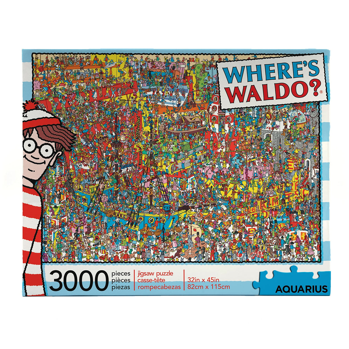 Aquarius Where’s Waldo puzzle box front showcases vibrant branding.