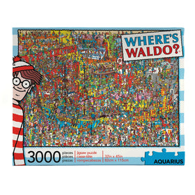 Aquarius Where’s Waldo puzzle box front showcases vibrant branding.