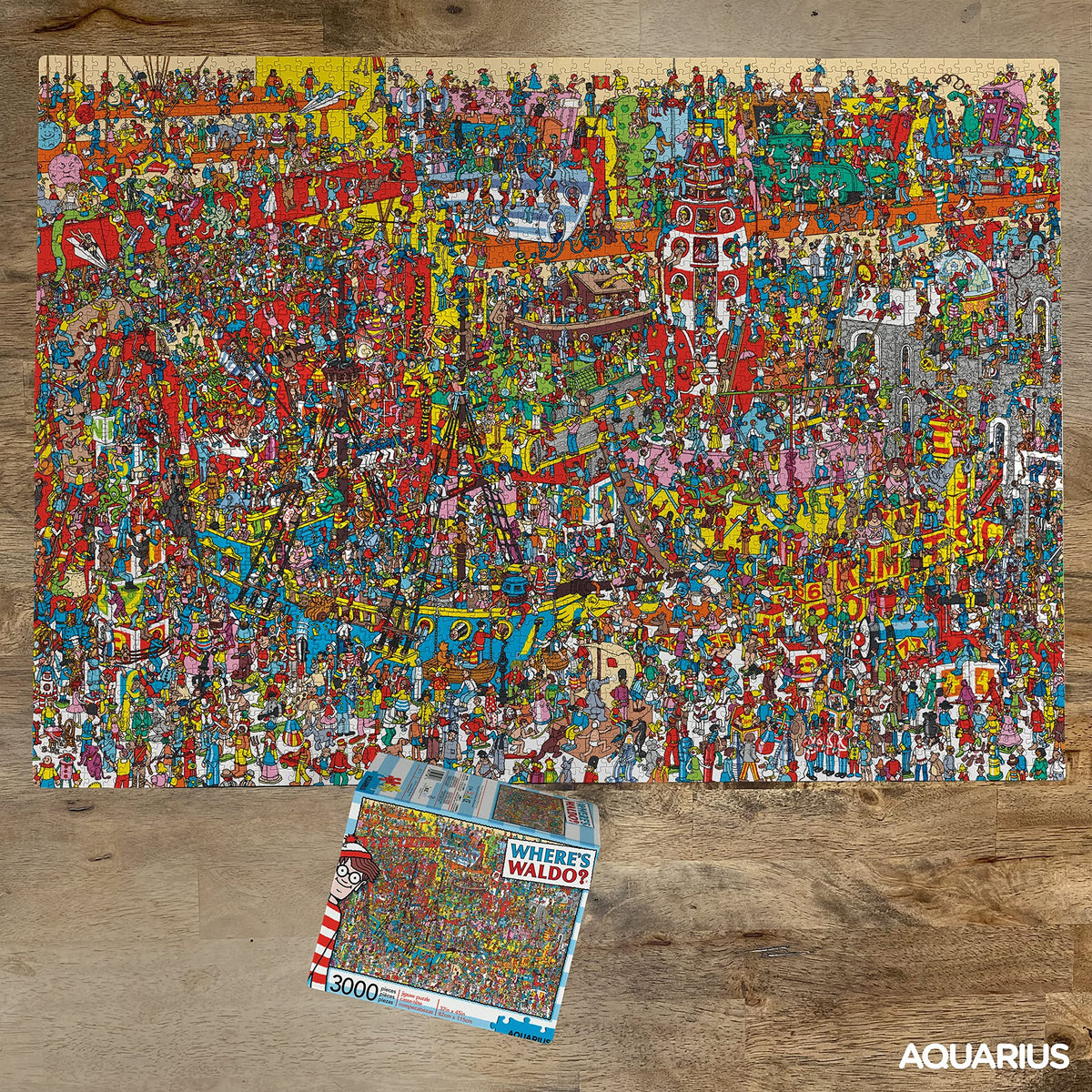 Completed 32x45-inch puzzle reveals Waldo in a busy scene.