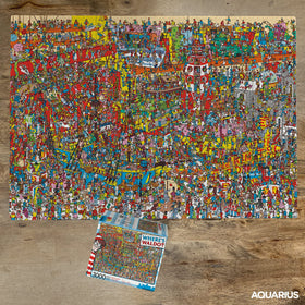 Completed 32x45-inch puzzle reveals Waldo in a busy scene.