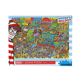 AQUARIUS Where's Waldo Wild West puzzle box with official branding.