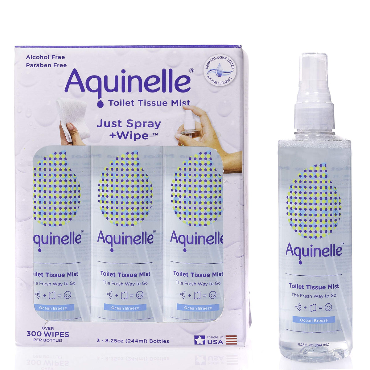 Aquinelle Ocean Breeze bottle shown for eco-friendly bathroom freshness and non-clogging action.