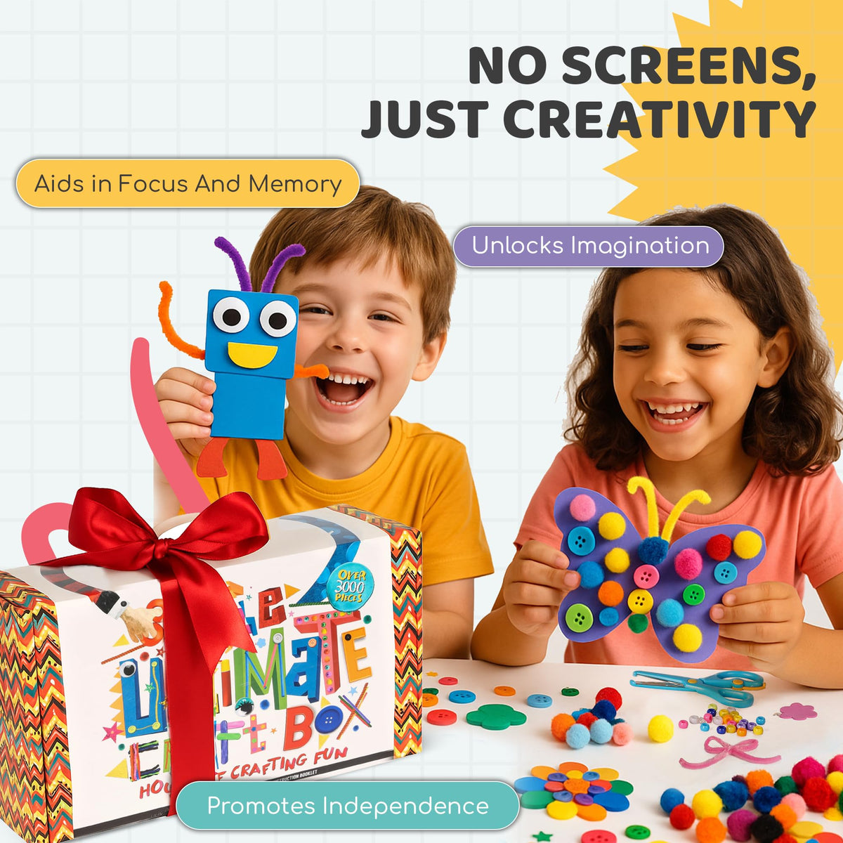 A&R CO. 3000+ Pcs Craft Kit colorful pieces entice kids to mix and match ideas.