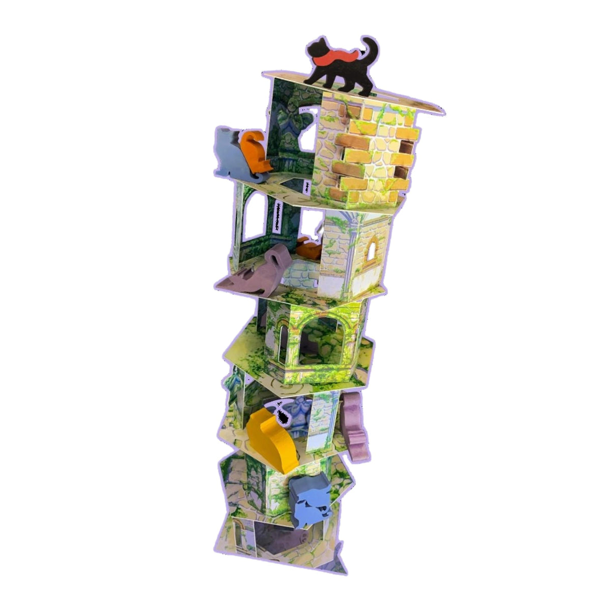Arcane Wonders Cat and the Tower tower-construction scene highlighting balance and dexterity.