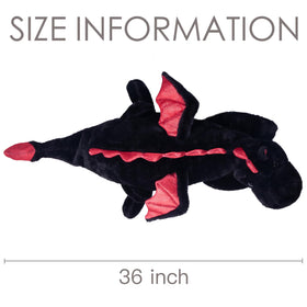 ARELUX dragon plush 36in face closeup, detailed embroidery and friendly eyes.