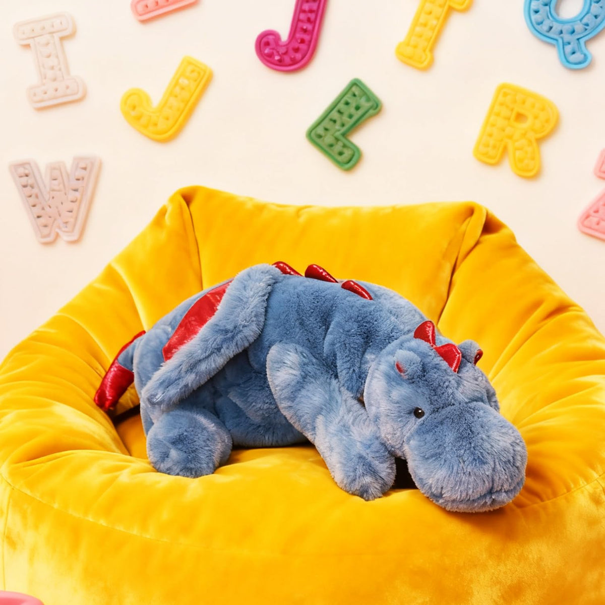 ARELUX dragon plush blue face detail highlights 3D eyes and embroidered expression