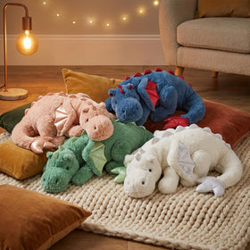 ARELUX dragon plush blue in-bedroom scene suggests cozy decor for home or dorm