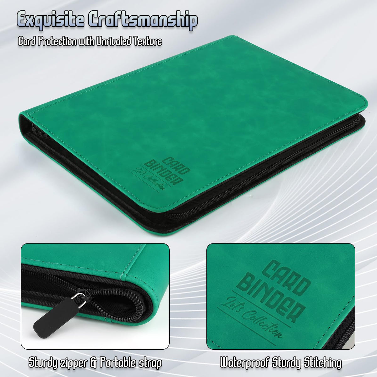 Arkeiliy Emerald binder display highlighting transparent sleeves for clear viewing.