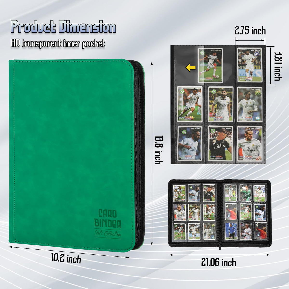 Arkeiliy Emerald binder open pages demonstrate double-sided sleeves for easy browsing.