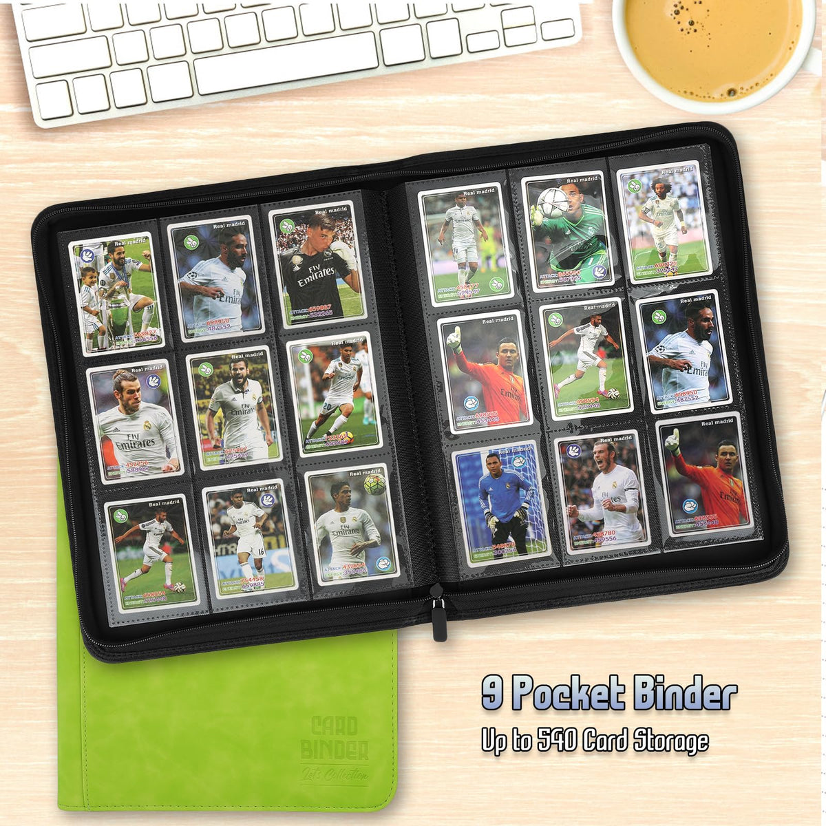 Arkeiliy binder nine-pocket page close-up demonstrating secure card storage.