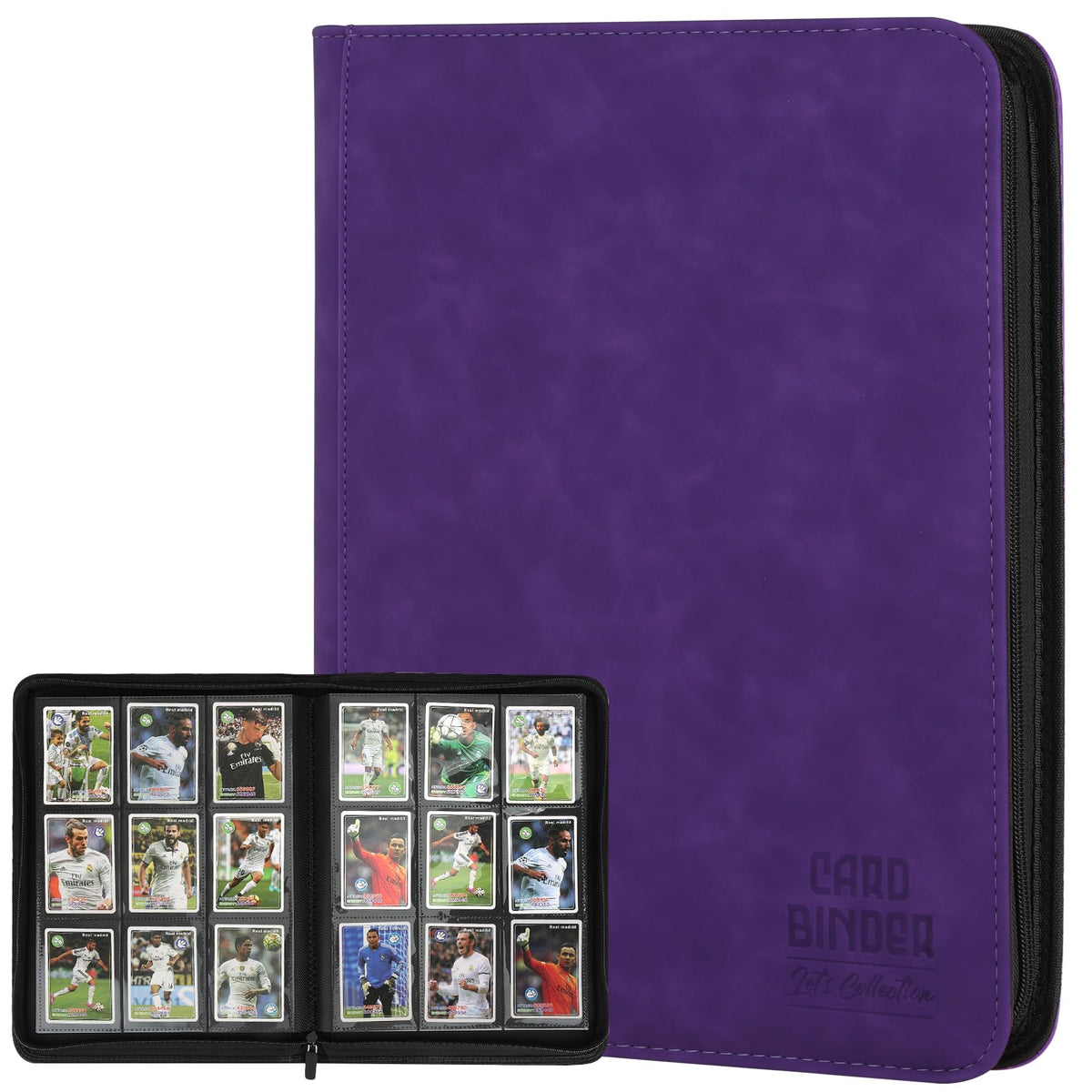 Arkeiliy trading card binder purple open inside shows nine-pocket pages for easy browsing