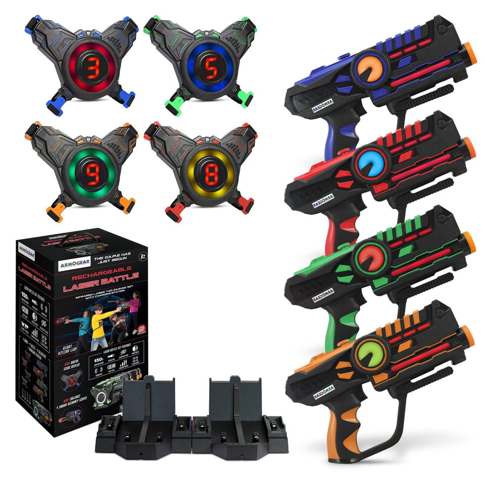 ArmoGear Laser Tag Guns with Vests 4-pack ready for family play indoors or outdoors