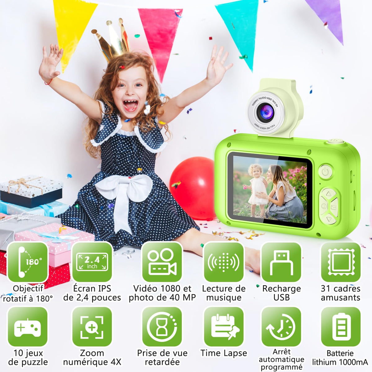 ARNSSIEN Kids Camera 2.4 inch IPS screen for bright kid friendly viewing and framing