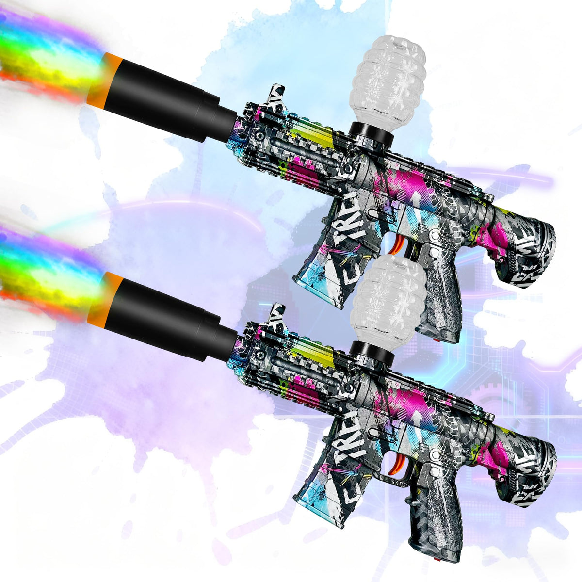 AROBEF 2 Set Gel Splat Blaster with colorful flash tracer in action.